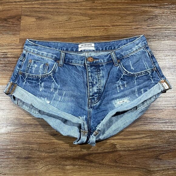 One x OneTeaspoon Bandits Shorts Womens Size 29 Blue Distressed Denim Cuffed - Picture 1 of 8